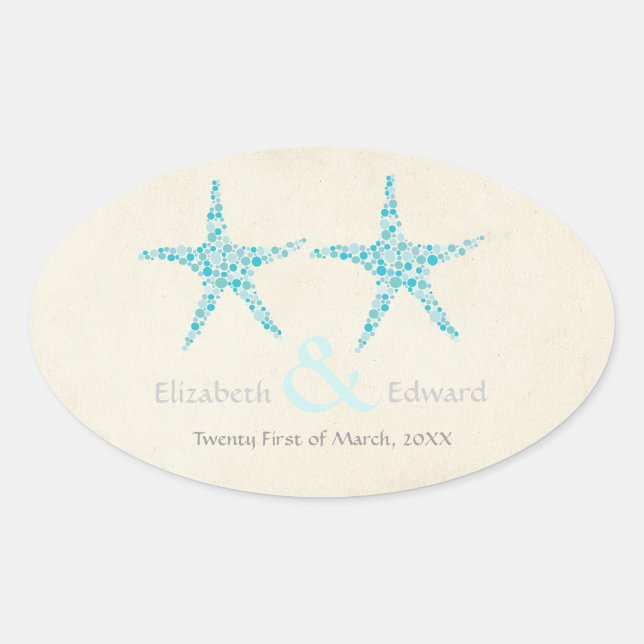 Wedding Turquoise Aqua Starfish Save the Date Oval Sticker (Front)