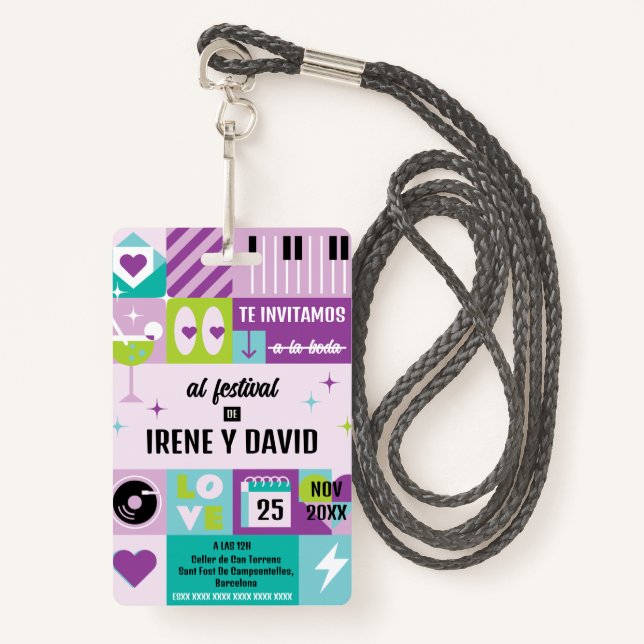 Wedding Turquoise Blue Festival Lila Retro WedFest Badge (Front with Lanyard)