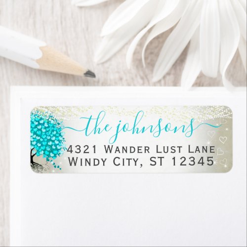 Wedding Turquoise Teal Aqua Blue Heart Leaf Tree Label