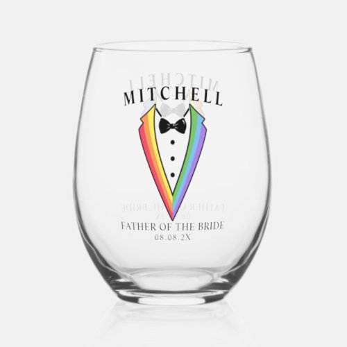 Wedding Tuxedo Father of the Gay Bride LGBTQ Stemless Wine Glass