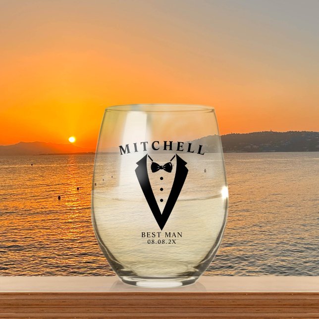 Wedding Tuxedo Personalized Best Man Stemless Wine Glass (Creator Uploaded)