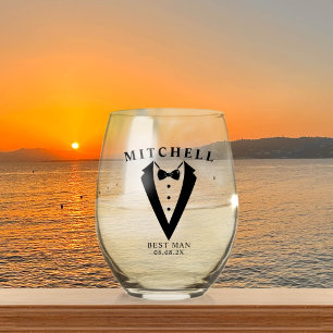 Wedding Tuxedo Personalized Best Man Stemless Wine Glass
