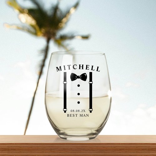 Wedding Tuxedo Personalized Best Man Stemless Wine Glass