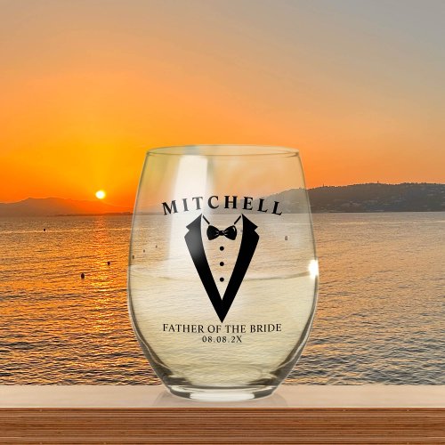 Wedding Tuxedo Personalized Father of The Bride Stemless Wine Glass