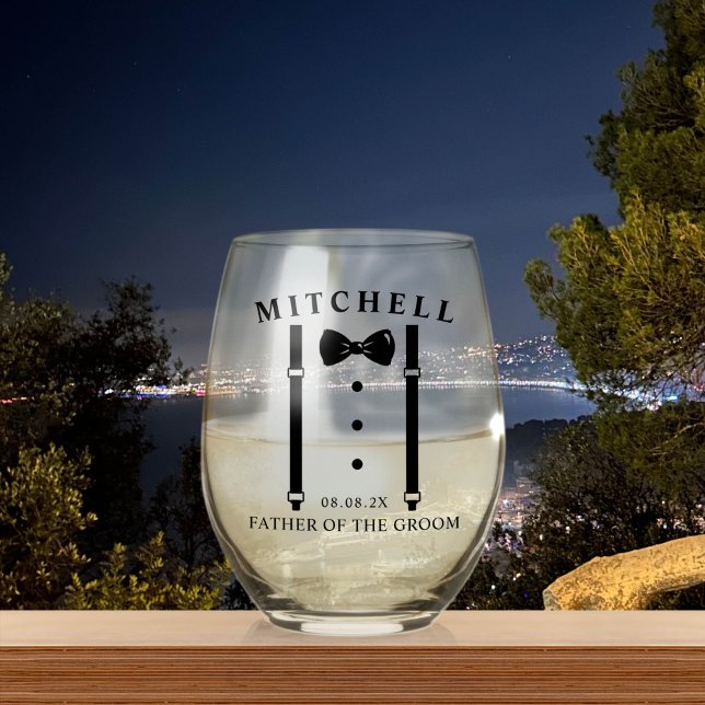 Wedding Tuxedo Personalized Father of The Groom Stemless Wine Glass (Creator Uploaded)