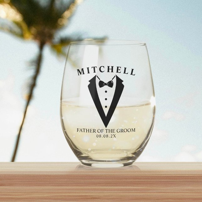 Wedding Tuxedo Personalized Father of The Groom Stemless Wine Glass (Creator Uploaded)