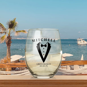 Wedding Tuxedo Personalized Groomsman Stemless Wine Glass