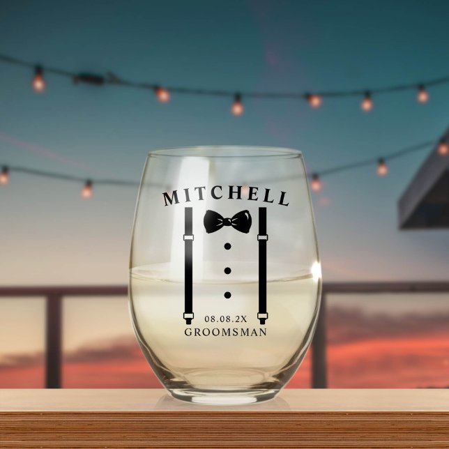 Wedding Tuxedo Personalized Groomsman Stemless Wine Glass (Creator Uploaded)