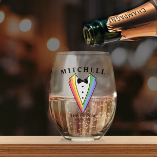 Wedding Tuxedo Personalized The Gay Groom Pride Stemless Wine Glass