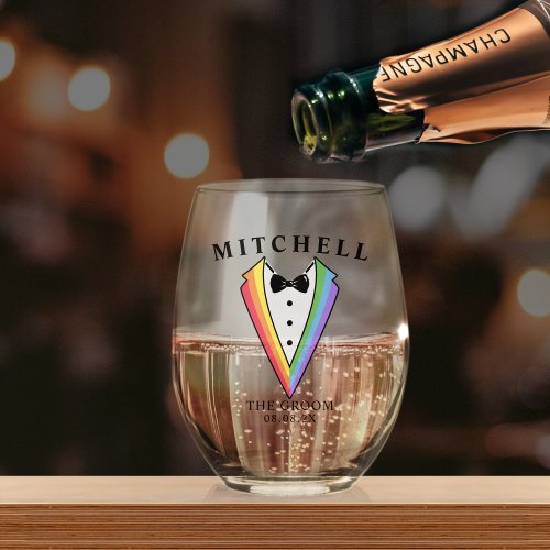 Wedding Tuxedo Personalized The Gay Groom Pride Stemless Wine Glass