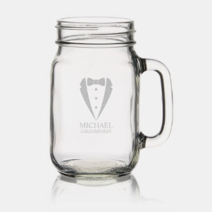 Wedding Tuxedo Suit Personalized Groomsmen Mason Jar W/ Handle