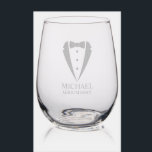 Wedding Tuxedo Suit Personalized Groomsmen Stemless Wine Glass<br><div class="desc">Make Your Wedding Unforgettable – Add a personal touch with a custom groomsmen gift
featuring a tuxedo suit and bow tie illustration with a personalized groomsman's name and title in a classic serif font.

 A perfect keepsake for your groomsmen,  best man,  father of the bride,  and more!</div>
