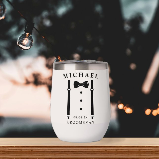 Wedding Tuxedo Suspenders Bow Tie Groomsman Thermal Wine Tumbler (Creator Uploaded)