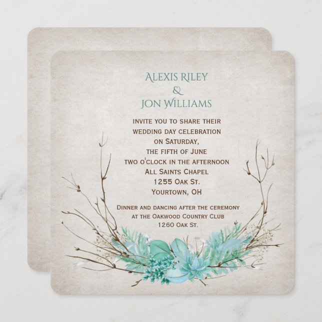 wedding twig bouquet on texture invitation (Front/Back)