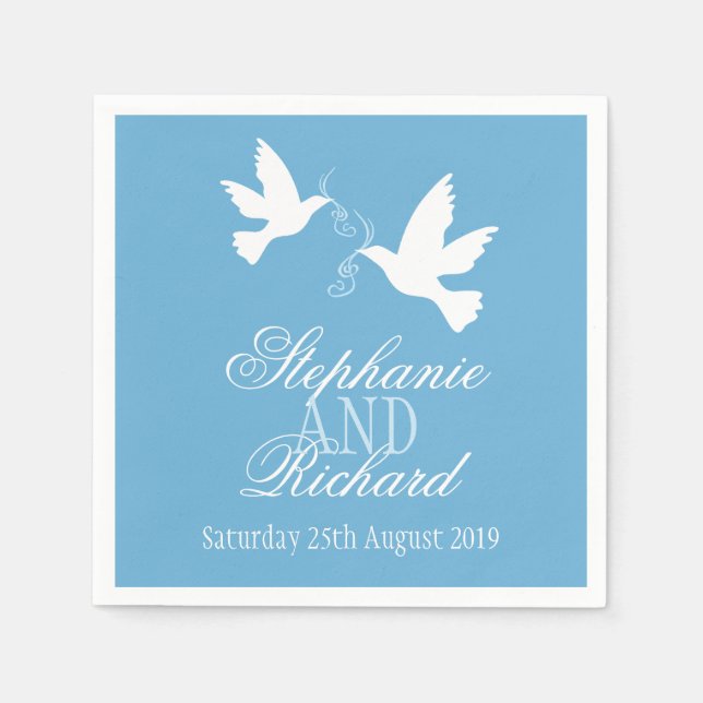 Wedding two white doves blue custom napkins (Front)