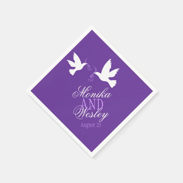 Wedding two white doves purple custom napkins (Corner)
