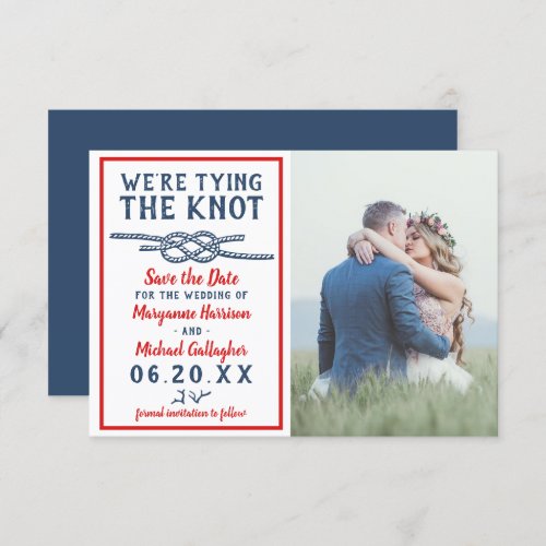 Wedding Tying the Knot Beach Photo Navy Blue Red Save The Date