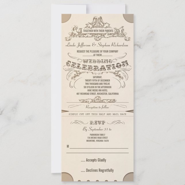 wedding typographic tickets invitations with RSVP (Front)