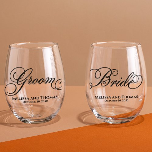 Wedding Typography Calligraphy Bride and Groom Stemless Wine Glass