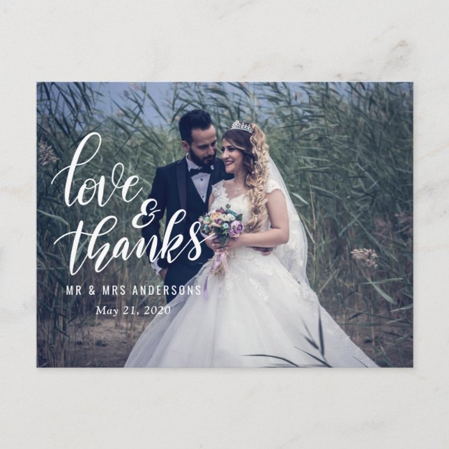 Wedding Typography Love And Thanks | Couple Photo Postcard (Front)