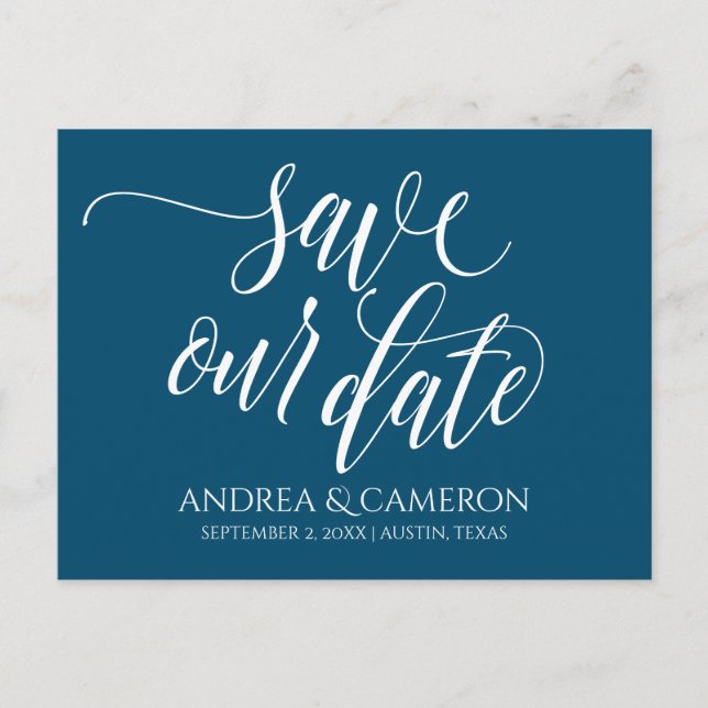 Wedding Typography Save-the-Date- Navy Blue White Announcement Postcard (Front)
