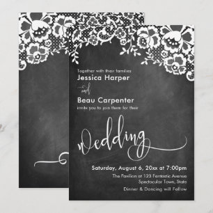 Wedding Typography, White Lace Over Chalkboard Invitation