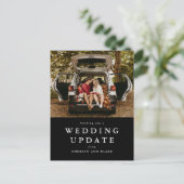 Wedding update change the date black photo postcard (Standing Front)