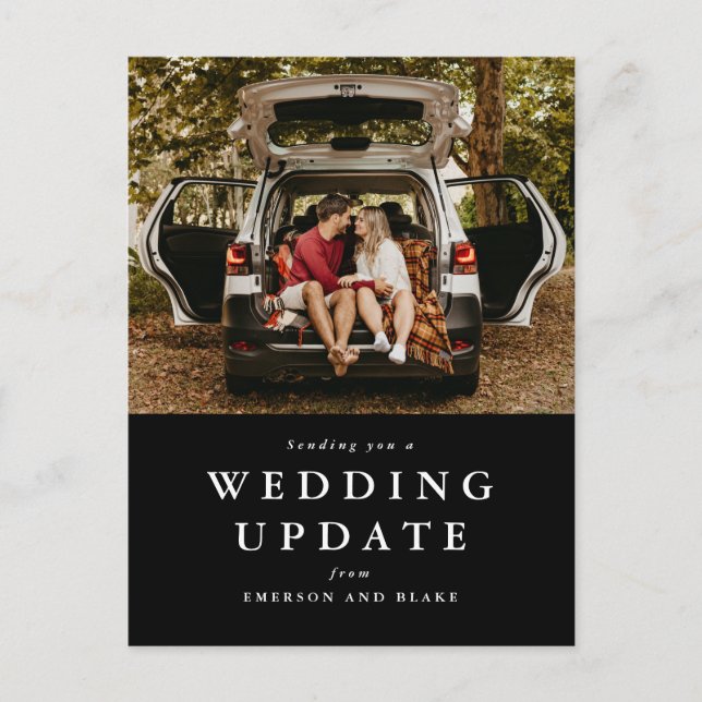 Wedding update change the date black photo postcard (Front)