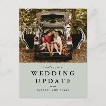 Wedding Update Change The Date Sage Green Photo Postcard by LeaDelaverisDesign at Zazzle