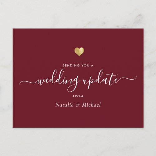 Wedding Update Elegant Script Gold Heart Burgundy Postcard