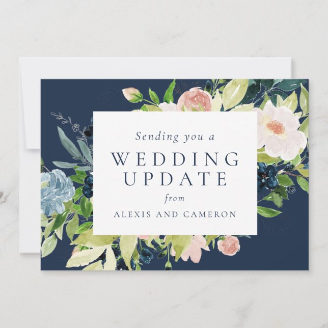 Wedding update navy floral change the date card (Front)
