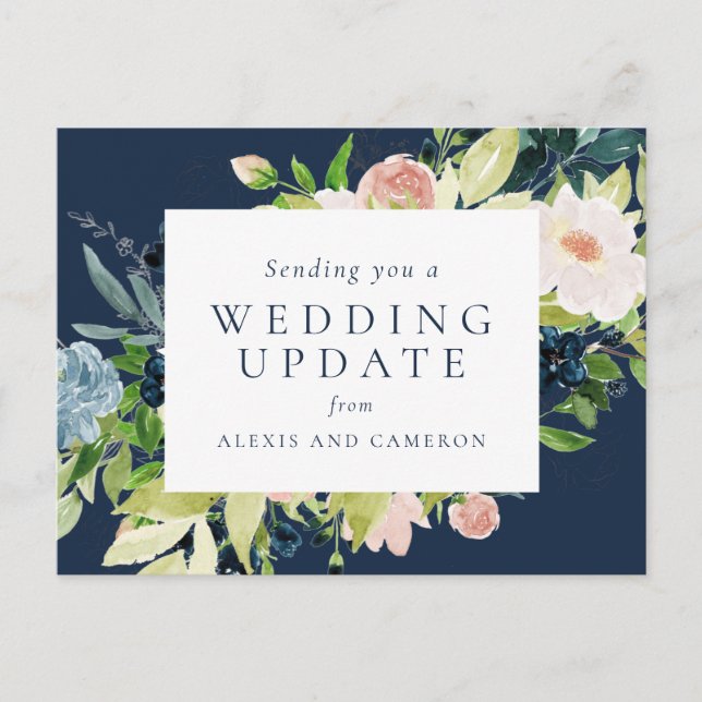 Wedding update navy floral postcard (Front)
