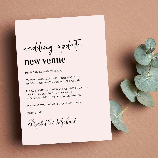 Wedding Update Pink New Venue Announcement (A chic change of venue announcement. Our user-friendly template allows you to easily customize)