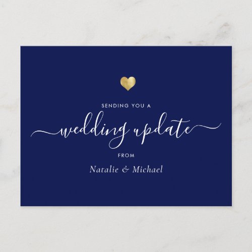 Wedding Update Postponed Elegant Script Gold Blue Postcard