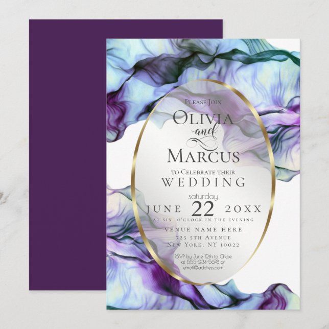 WEDDING | Vibrant Teal Plum Abstract Ink Invitation (Front/Back)