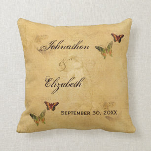 Wedding Vintage Beige French Damask Butterfly Throw Pillow