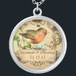 Wedding Vintage Bird Coral & Aqua Necklace<br><div class="desc">Keepsake Necklaces Choose either Silver Plated Gold Finish or Sterling Silver Unique Personalized Custom !st Christmas Gift Wedding Keepsake Wedding Party Necklaces - to change background color - click customize - click edit - choose last tool in drop down menu and choose from one of the colors shown or enter...</div>