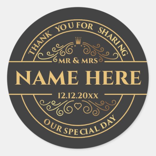Wedding Vintage Black and Gold personalised Classic Round Sticker