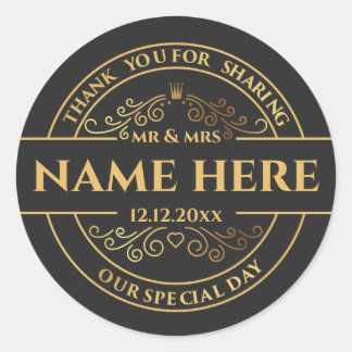 Wedding Vintage Black and Gold personalised Classic Round Sticker
