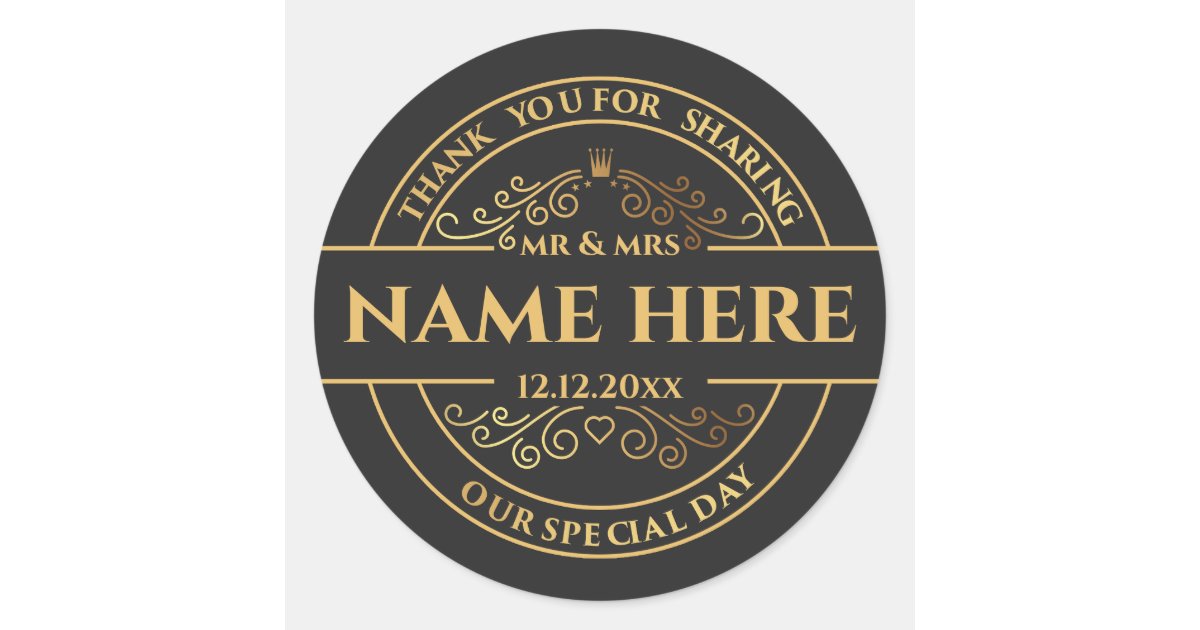 Wedding Vintage Black and Gold personalised Classic Round Sticker | Zazzle