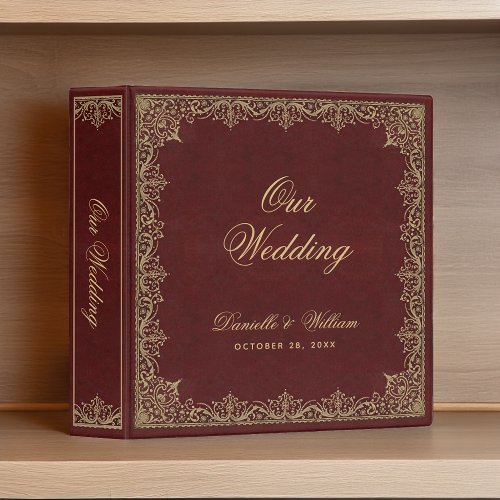 Wedding Vintage Burgundy Gold Elegant Calligraphy 3 Ring Binder