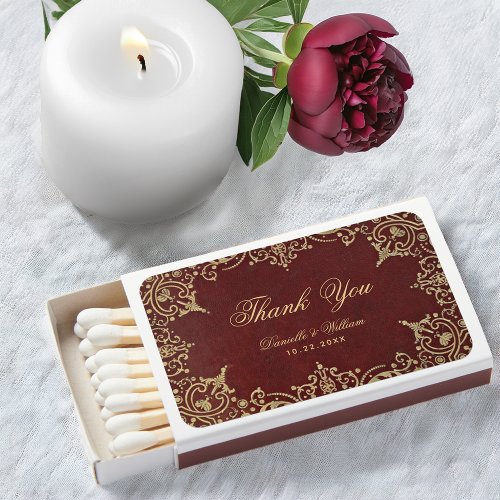 Wedding Vintage Burgundy Gold Elegant Calligraphy Matchboxes