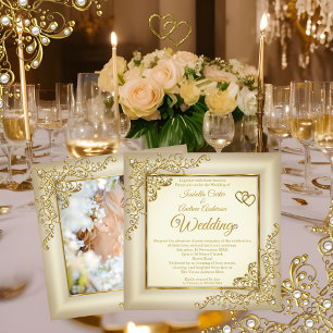 Wedding Vintage Cream Beige Gold Heart Pearl Photo Invitation
