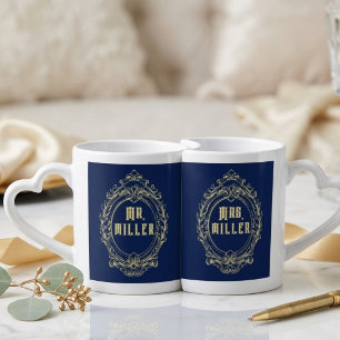 Wedding vintage Gold Frame Navy Blue Mr and Mrs Coffee Mug Set