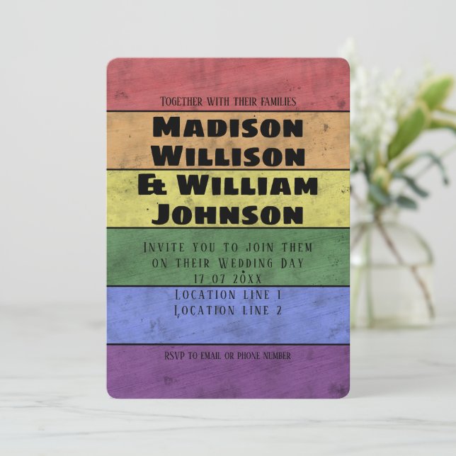 Wedding Vintage LGBT flag pride distressed black Invitation (Standing Front)