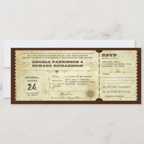 wedding vintage ticket invitation with rsvp design