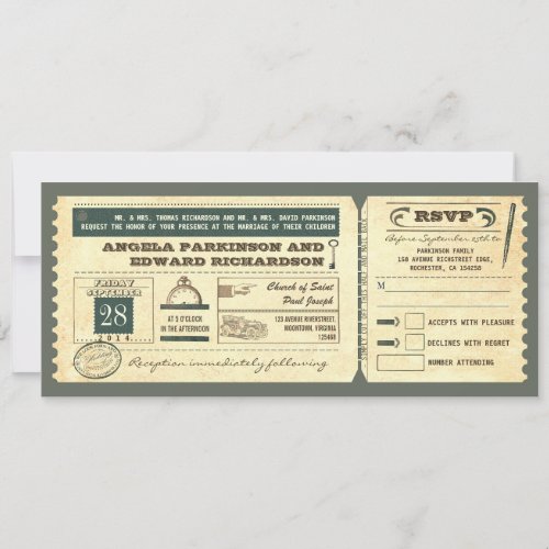 wedding vintage ticket invitation with rsvp design