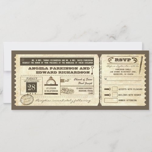 wedding vintage ticket invitation with rsvp design