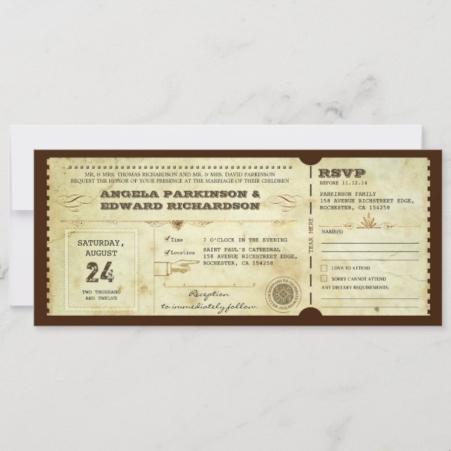 wedding vintage ticket invitation with rsvp design (Front)