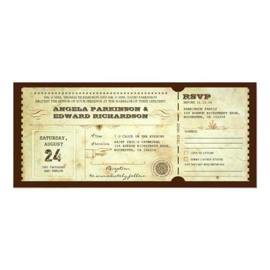 wedding vintage ticket invitation with rsvp design zazzle com